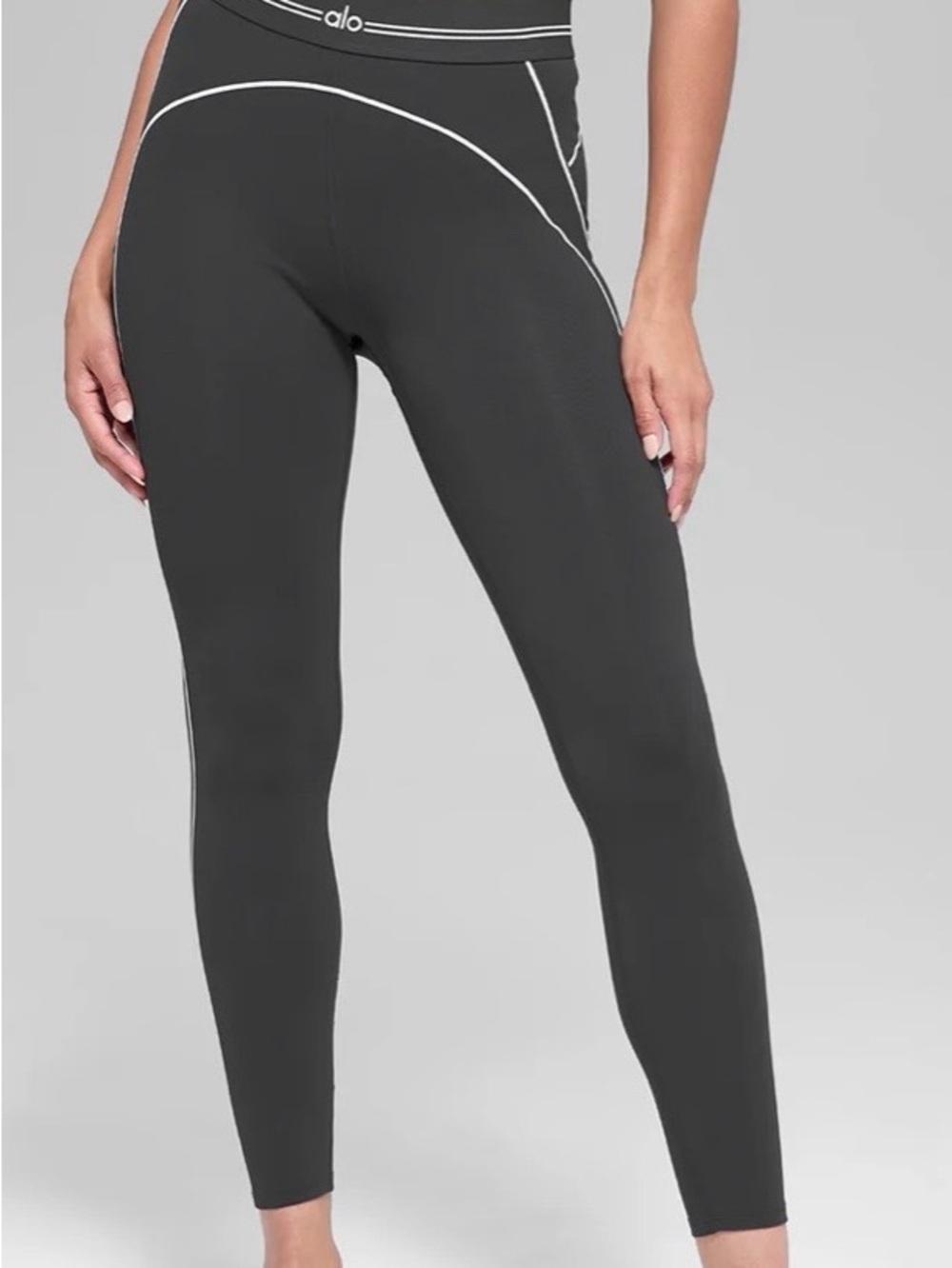 ALO Yoga NWT High-Rise 7/8 Airbrush 7/8 Legging in Anthracite with White Piping